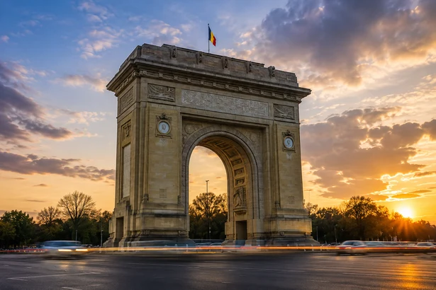Bucharest’s Arch of Triumph in the warm light of sunset